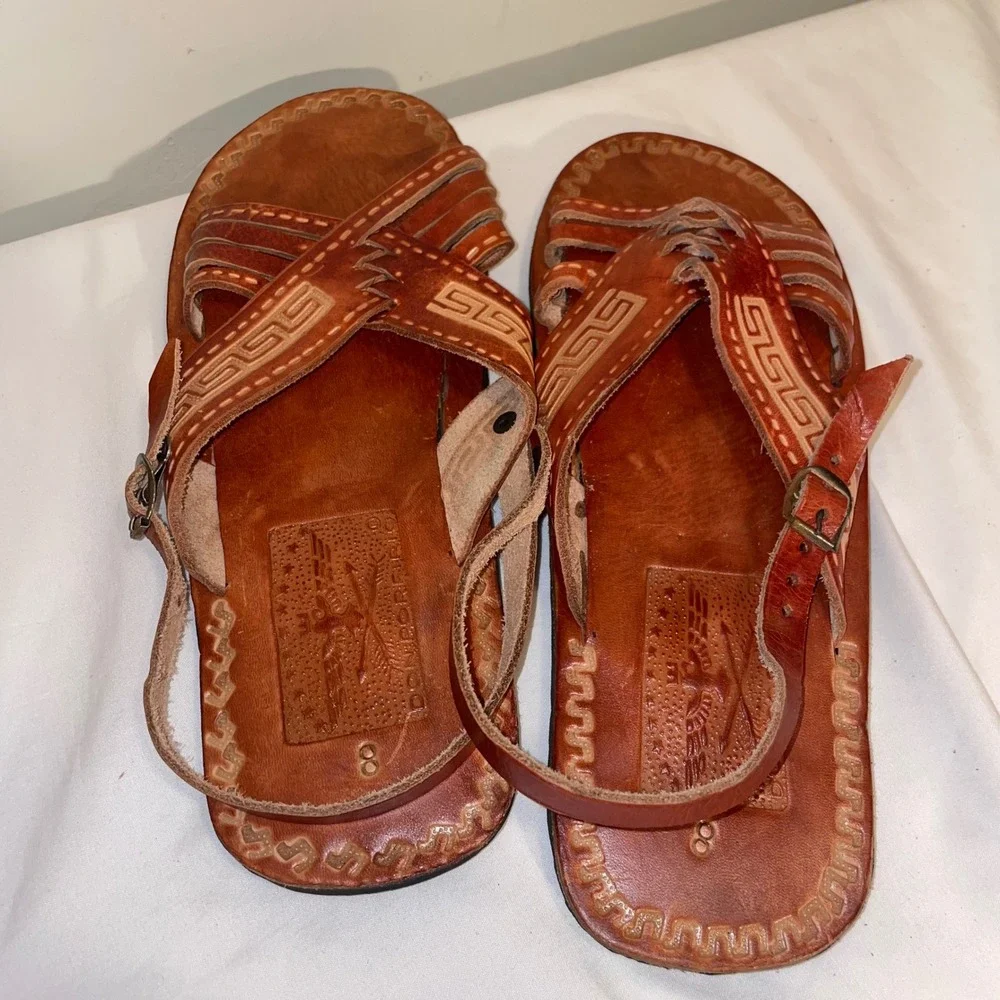 Don Porfirio Leather Huarache Sandals Tan Greek Key Etched Mens 8